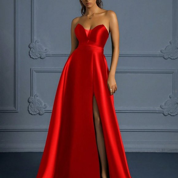Red Preppy Womens Solid Color Strapless Formal Dress With Thigh-High Slit - Picture 4 of 5
